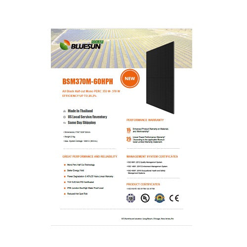 Bluesun BSM370M-60HPH 370W 370w Black On Black 120 Half-cell Mono Solar Panel