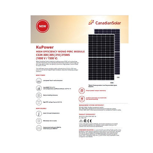Canadian Solar CS3K-315P/MS 315W Mono-Crystalline Solar Panel (Silver)