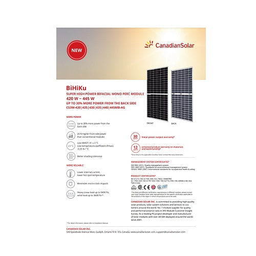 Canadian Solar Bihiku CS3W-455MB-AG 455W Clear On White 144 Half-cell Mono Solar Panel