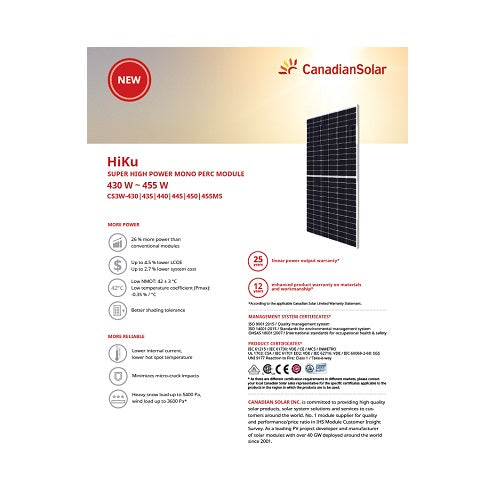 Canadian Solar Hiku CS3W-440MS 440W Clear On Black 144 Half-cell Mono Solar Panel