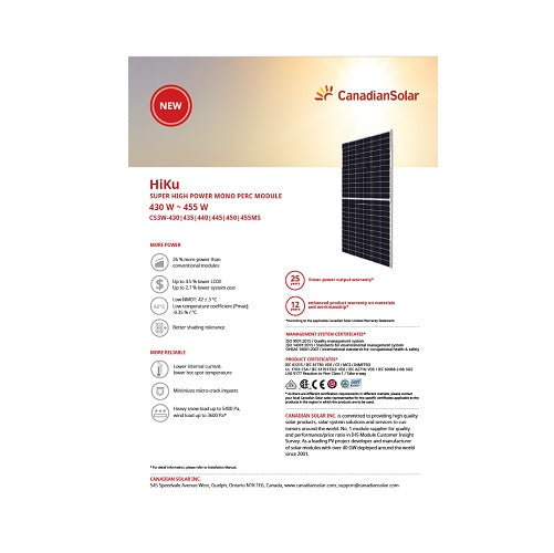 Canadian Solar Inc. HiKu CS3W-445 Silver Frame 144 Mono Cells- Pallet Quantity - 27 Solar Panels
