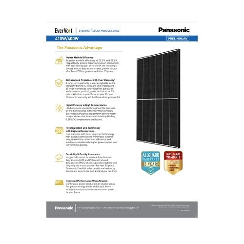 Panasonic Evervolt EVPV410H 410W Black On White Mono Solar Panel