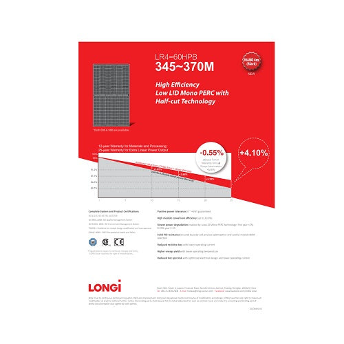LONGI 345W Solar Panel LR4-60HPB-345M Black 120 Half Cut Cell