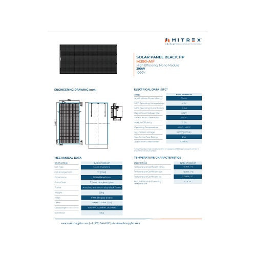 Mitrex M390-A1F 390Watt 72 Cells BoB Monocrystalline 40mm Black Frame Solar Panel