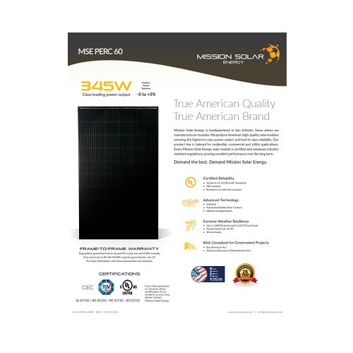 Mission Solar MSE345SX5T 345W Black On Black 60 Cell Mono Solar Panel
