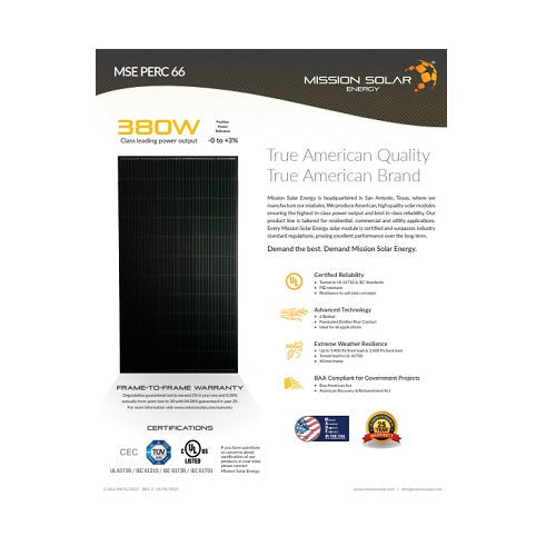 Mission Solar Energy MSE380SX5R 380W 66 Cell Perc Black/black 1000v Solar Panel.