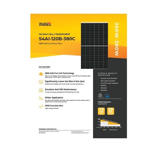 Solar4America S4AI-120B-380C 330Watt 120 1/2 Cells BoW Monocrystalline 35mm- Full Pallet (28)