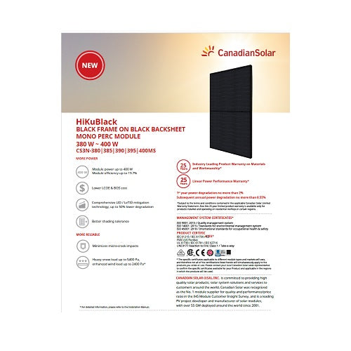 Canadian Solar CS3N-390MS 390W Black On Black Mono Solar Panel