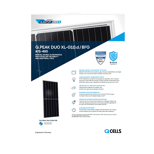 Hanwha Q CELLS Q.PEAK DUO XL-G10/BFG 480 480Watt 156 1/2 Cells Bifacial Double Glass Monocrystalline 35mm Silver Frame Solar Panel